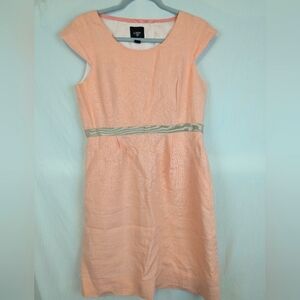 J Crew Suiting Size 8 Capped Sleeve Mid Length Peach Dress W/ Ribbon Belt Linen